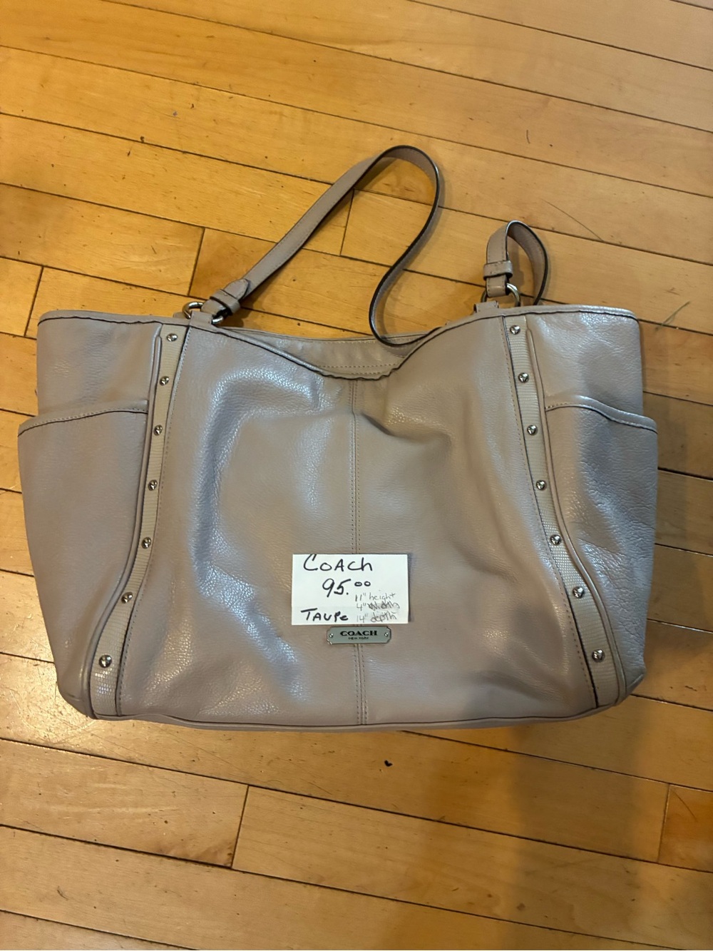 Coach Taupe Leather Shoulder Tote with Stud Accents